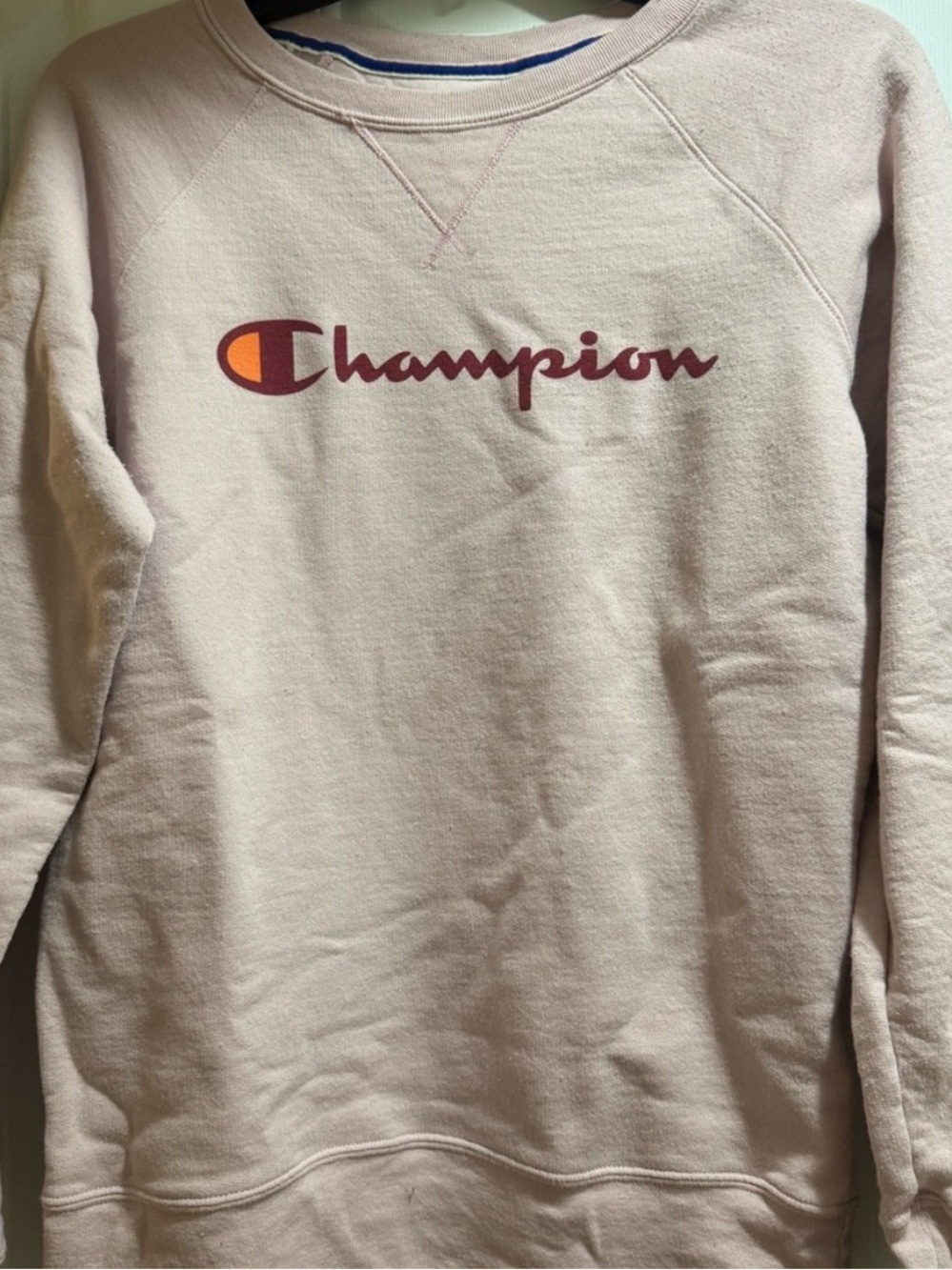 Champion Pale Pink Crewneck Sweatshirt with Burgundy Logo and Orange Accent